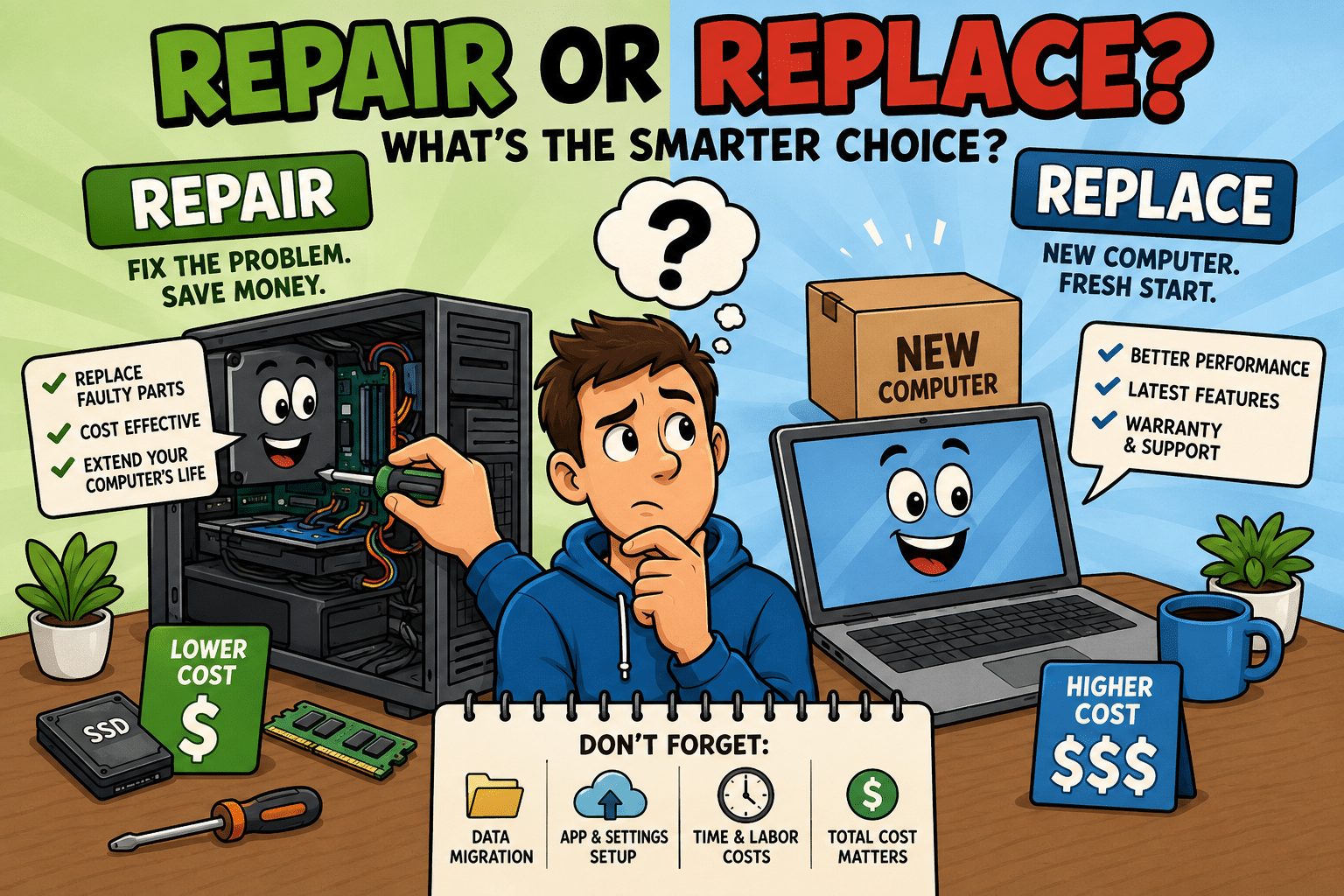 Technician comparing computer repair versus replacement costs in Bloomington Minnesota
